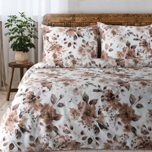 Komplet pościeli z bawełny satynowej Spring 220x200 beżowe, brązowe i pudrowe kwiaty