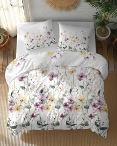 Pościel bawełniana 100% 160x200 w żółte i fioletowe kwiaty