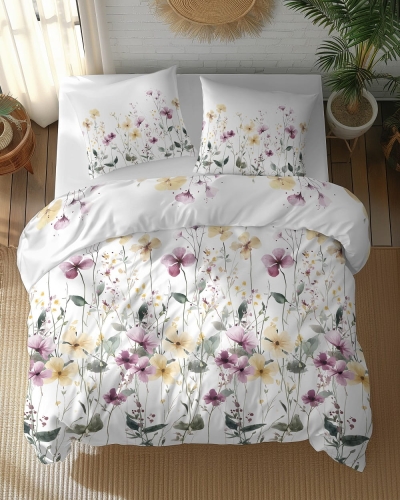 Pościel bawełniana 100% 160x200 w żółte i fioletowe kwiaty