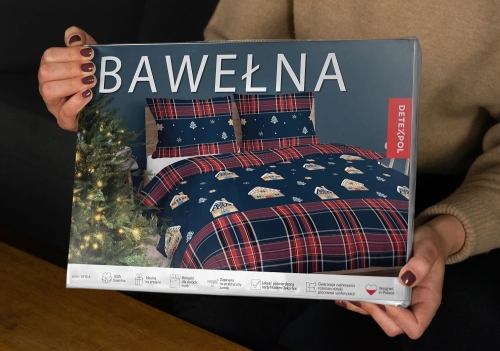 Świąteczna pościel bawełniana granatowo czerwona 160x200 Domki