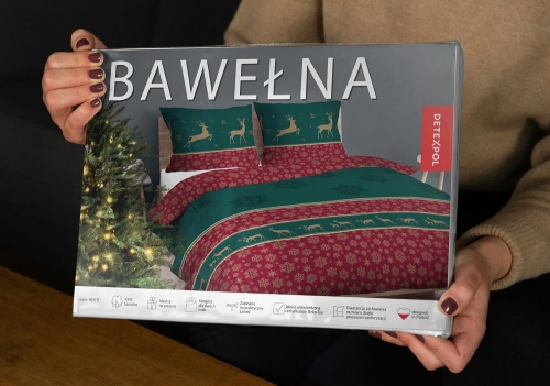 Świąteczna pościel bawełniana zielono czerwona 160x200 Złote Renifery
