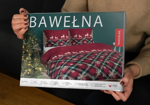 Świąteczna pościel bawełniana czerwona 220x200 Śnieżynki i Renifery