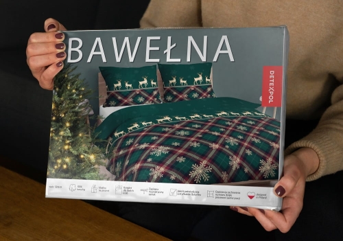 Świąteczna pościel bawełniana zielona 220x200 Śnieżynki i Renifery