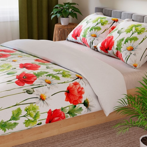 Komplet pościeli z bawełny satynowej 220x200 w maki i margaretki