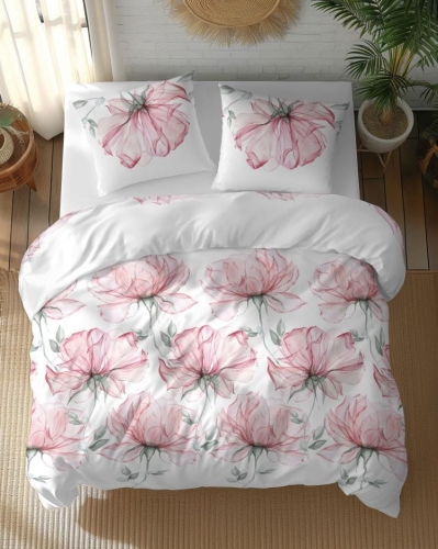Pościel bawełniana biała 100% 220x200 w duże różowe kwiaty