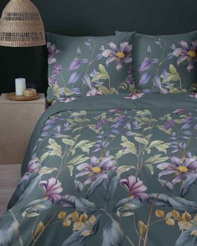 Komplet pościeli z satyny bawełnianej petrol 160x200 w botaniczne kwiaty Home Satin