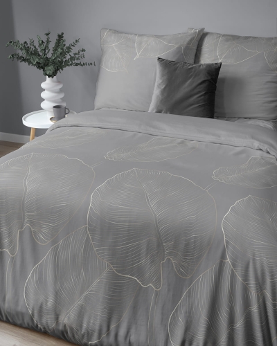 Komplet pościeli z satyny bawełnianej ciemnoszarej 160x200 w liście Home Satin