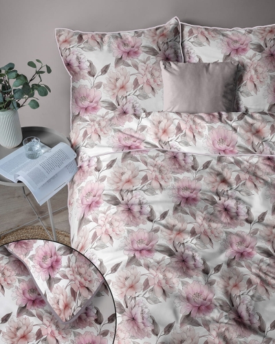 Pościel z perkalu 160x200 Różowe Kwiaty Piwonii Lame Percale