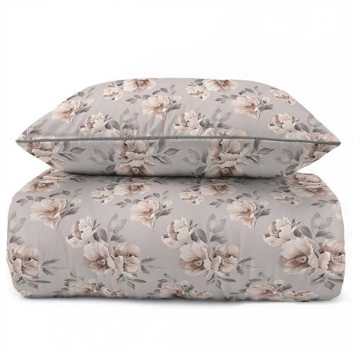Pościel z perkalu popielata 220x200 Beżowe Kwiaty Peonii Lame Percale 