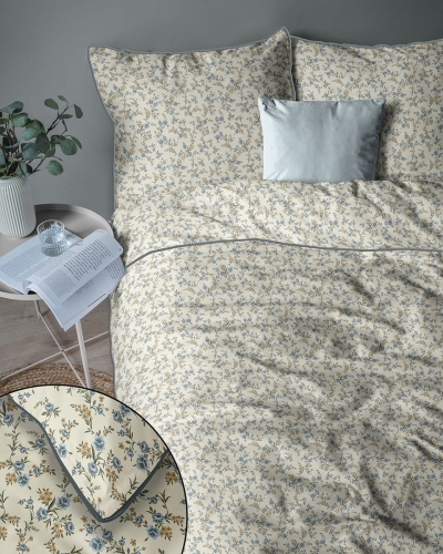 Pościel z perkalu 220x200 Niebieskie i Żółte Kwiaty Lame Percale