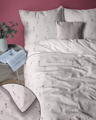 Pościel z perkalu pudrowa 160x200 Polne Kwiaty Lame Percale
