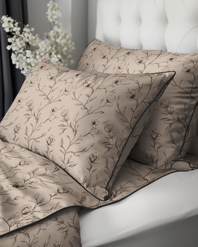 Pościel z perkalu ciemno beżowa 220x200 Kwiaty Lame Percale