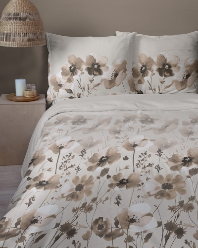 Komplet pościeli Home Satin z satyny bawełnianej 220x200 w ciemno beżowe kwiaty