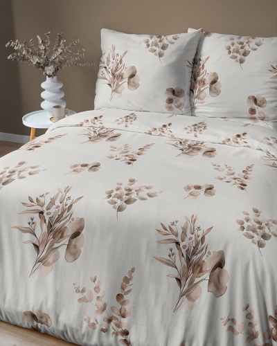 Komplet pościeli Home Satin z satyny bawełnianej 220x200 w beżowe gałązki eukaliptusa