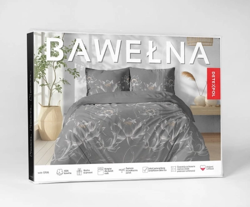 Pościel bawełniana 100% szara 160x200 kwiaty lotosu