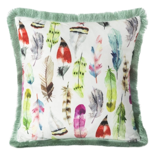 Poszewka dekoracyjna velvet zielono kremowo 45x45 w kolorowe piórka