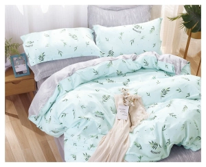 Komplet pościeli dwustronnej miętowo popielatej 140x200 w liście