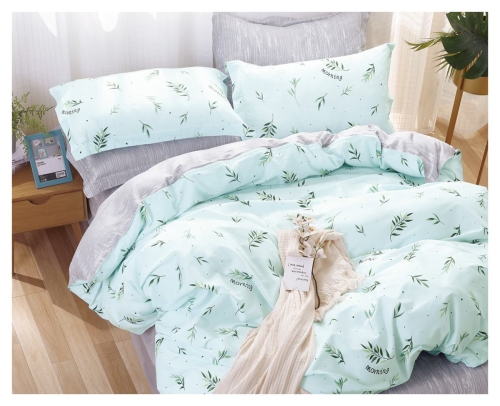 Komplet pościeli dwustronnej miętowo popielatej 140x200 w liście