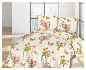 Pościel flanelowa kremowa 180x200 w kwiaty i motyle